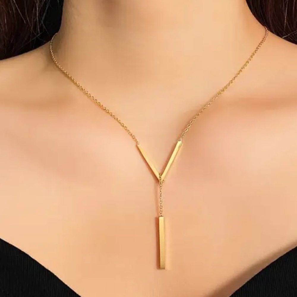 Dainty Stick Bar Design V-Shape Drop Pendant Necklace, Gold-Tone Chain